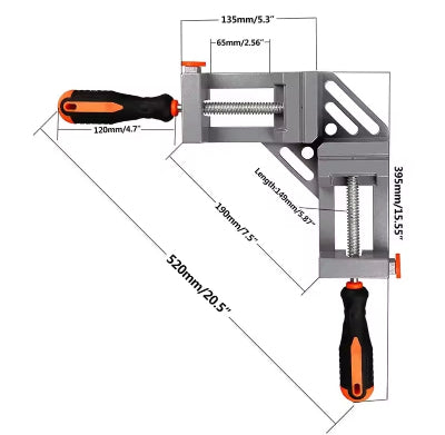 Dimenzije i nacrt stege za ugao od 90 stepeni sa duplom rucicom precizni alat za stolare i hobiste.