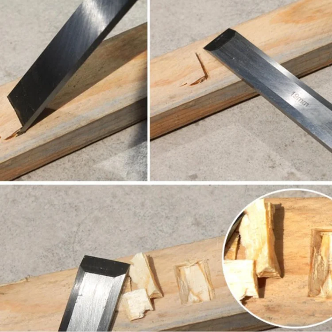 Kolaz slika prikazuje proces koriscenja dleta za obradu drveta. Vidljivo je kako alat stvara zljebove i uklanja delove drveta sa preciznoscu.