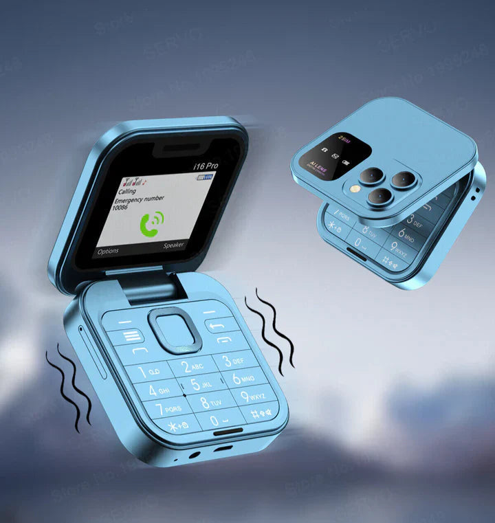 Dva svetloplava mini preklopna telefona i16 Pro u vazduhu, jedan otvoren prikazuje ekran sa pozivom i tastaturu sa vibracijom, a drugi zatvoren prikazuje trostruku kameru.