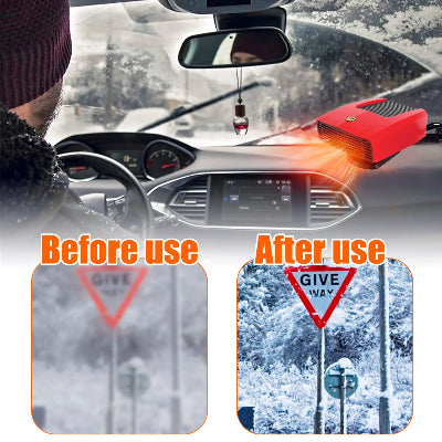 Prikaz brze efikasnosti auto grejaca. Pre i posle upotrebe odmrzavanje magle i leda sa stakla. Cist pogled za sigurnu voznju po hladnom vremenu.