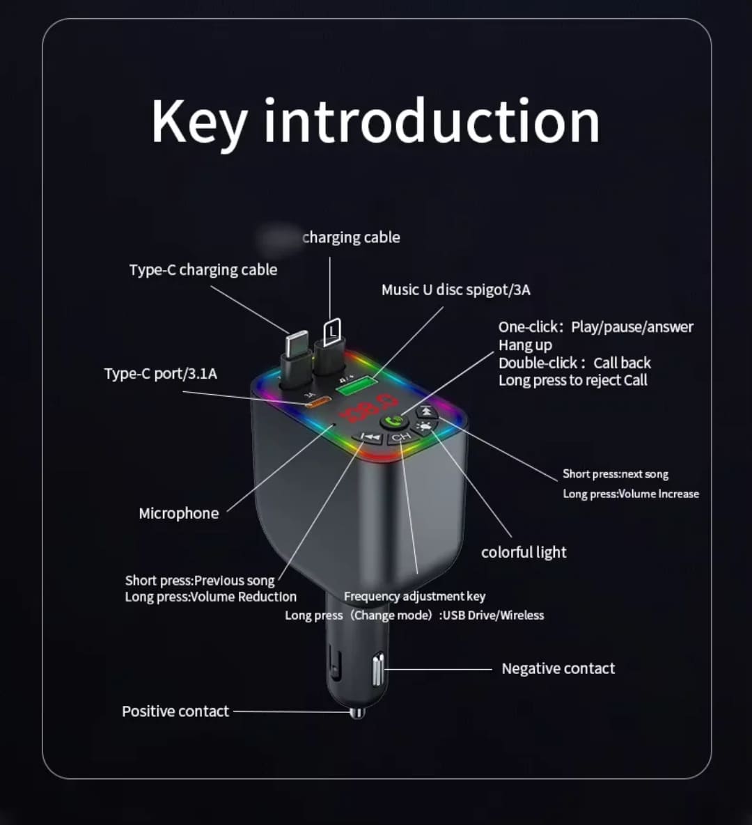 FM transmiter i brzi punjac za auto sa opisom tastera za muziku i kontrolu napona