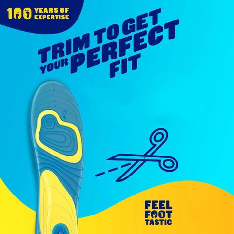 Prikaz plavog Gel Activ uloska sa zutim gel umecima, pored makaza i linija za secenje prilagodjene razlicitim brojevima. Tekst na slici glasi "TRIM TO GET YOUR PERFECT FIT" (Iseci da dobijes savrseno pristajanje) i "100 YEARS OF EXPERTISE" (100 godina iskustva) u gornjem levom uglu. U donjem delu se nalazi logo "Feel Foot Tastic".