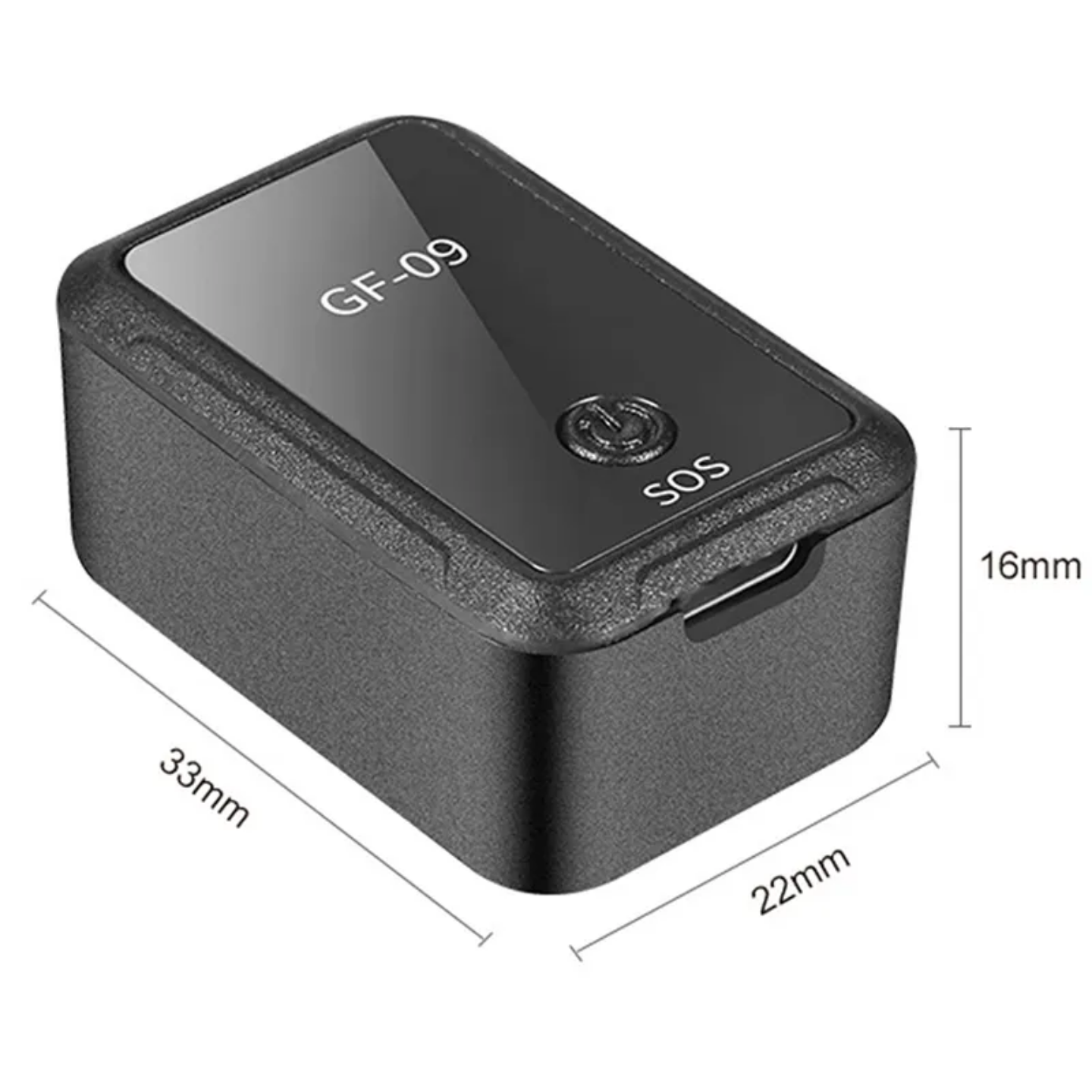Crni GF-09 mini GPS tracker sa dimenzijama prikazanim na slici: 33mm x 22mm x 16mm. Na trackeru pise GF-09, ikonica za paljenje i SOS.