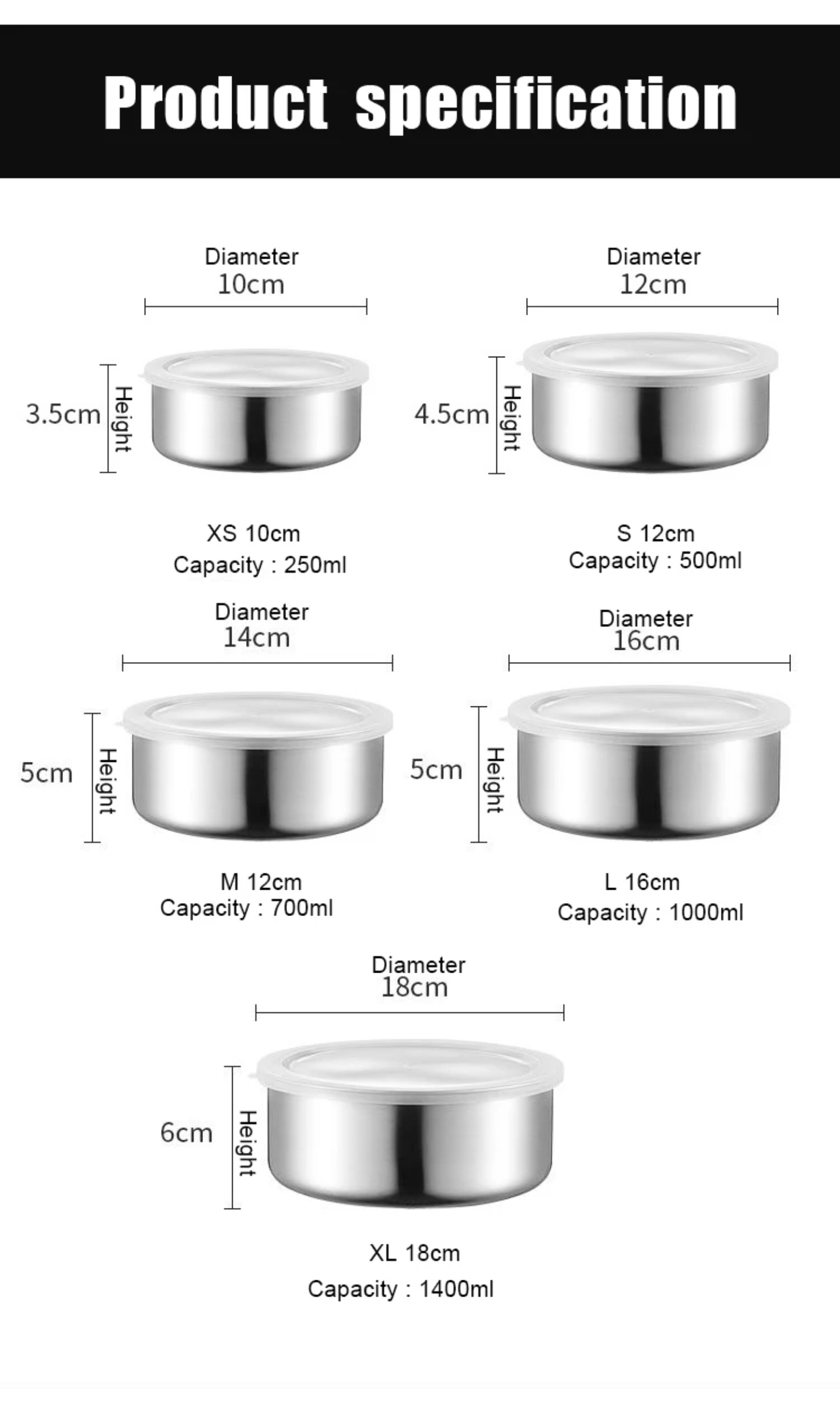 Dimenzije i zapremine inox posuda za čuvanje hrane od 250ml do 1400ml