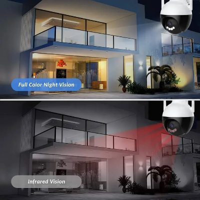 Smart IP WiFi kamera sa nocnim vidom. Prikaz dnevnog i nocnog snimanja, automatski prelazak na nocni rezim.