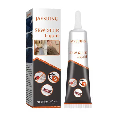 Jaysuing Sew Glue Liquid, pakovanje i tuba. Tecni lepak za popravku odece i krpljenje tkanina bez sivenja.