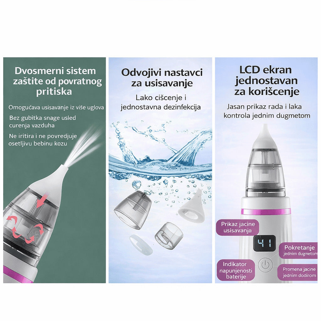 Elektricni aspirator za nos za bebe karakteristike proizvoda sistem protiv povratnog pritiska i odvojivi delovi