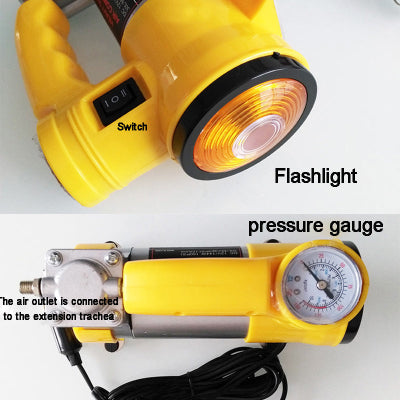 Prikaz funkcija prenosnog kompresora, ukljucujuci baterijsku lampu i manometar. Olaksava odrzavanje vozila.