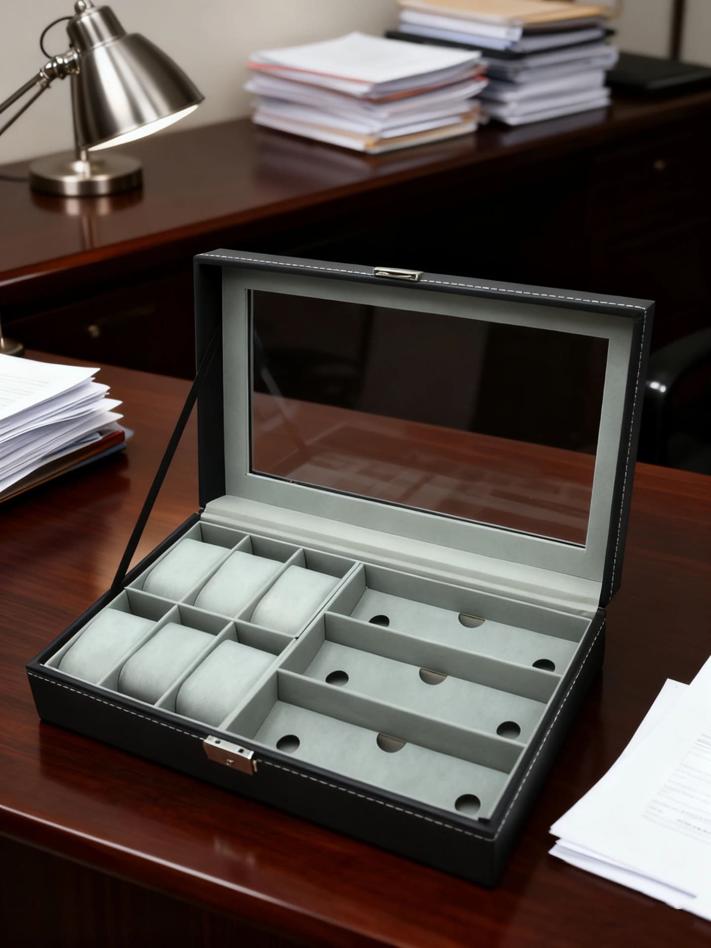 Kutija za satove i naočare na radnom stolu, elegantno rešenje za organizaciju dodataka