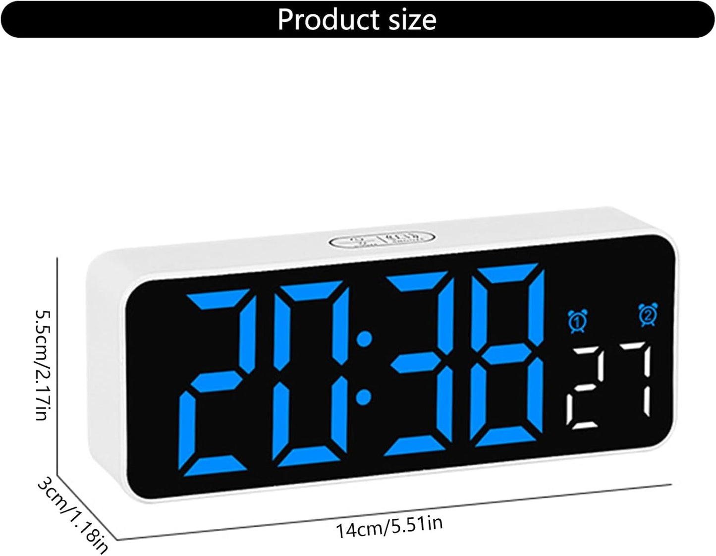 Dimenzije LED digitalnog sata sa plavim displejom i alarmom