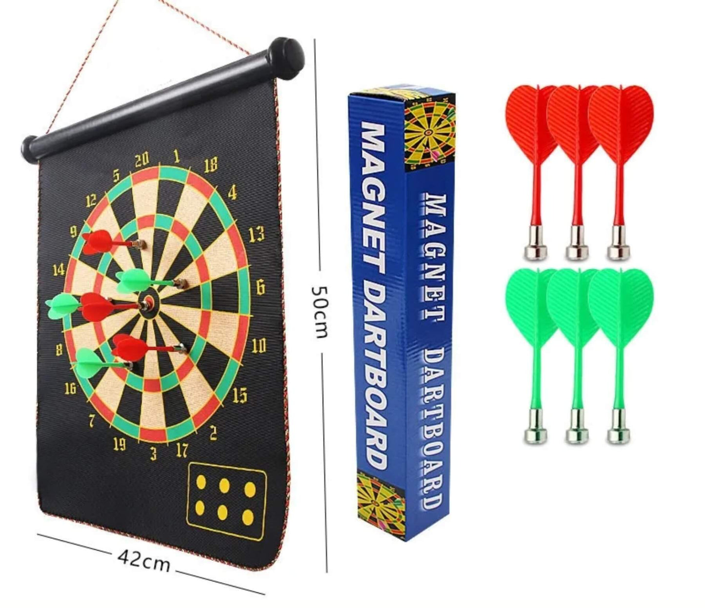Komplet magnetne darts table sa crvenim, zelenim i plavim magnetnim strelicama.