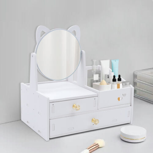 Mali beli kozmeticki organajzer sa ogledalom i fiokama, za sminku, praktican, za sto, devojacka soba, uredjenje kozmetike.