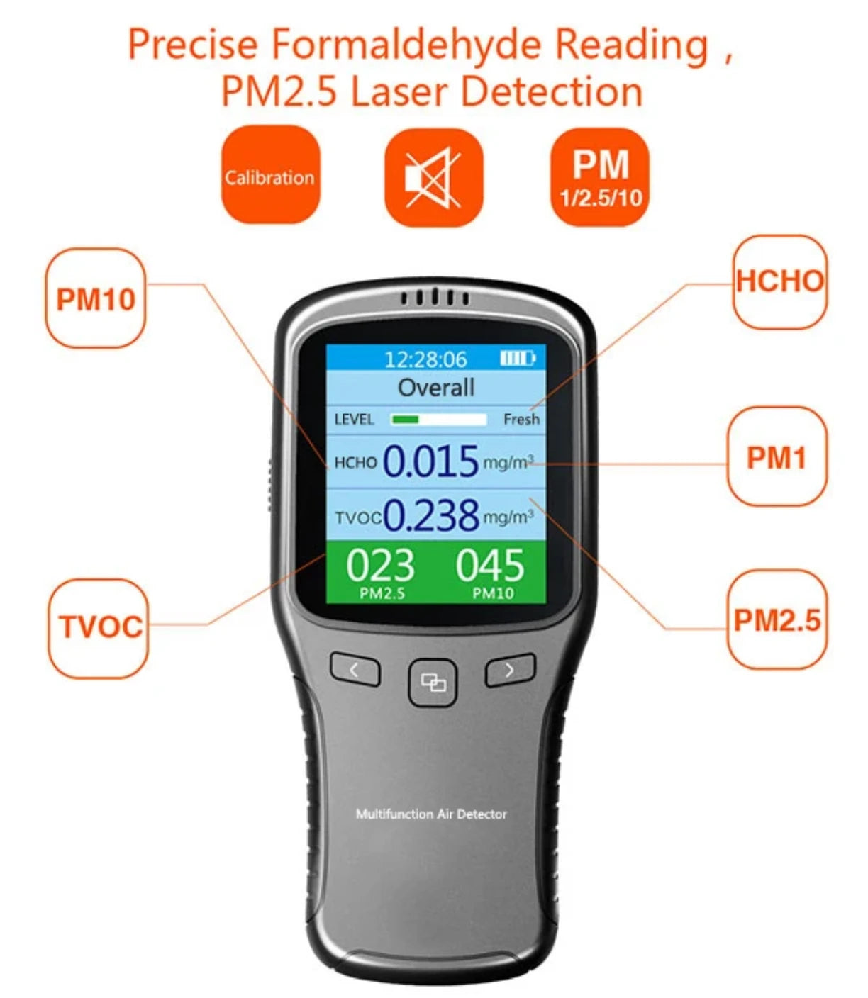 Merac kvaliteta vazduha sa oznacenim mernim parametrima HCHO TVOC PM2.5 i PM10
