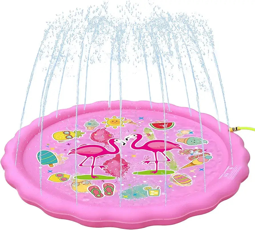 Vodena podloga za prskanje sa flamingosima. Deciji bazen sa vodenim mlaznicama, idealan za letnju zabavu i rashladjivanje u dvoristu.