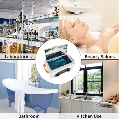 Prikaz upotrebe Sanitizing Box-a u razlicitim okruzenjima, ukljucujuci salone lepote, kuhinje i domacinstva. Savrsena sterilizacija alata.