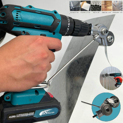 Alat nastavak za busilicu koji pretvara obicnu busilicu u makaze za lim. Secenje metala, aluminijuma i drugih materijala, odlican dodatak za svaki alat.