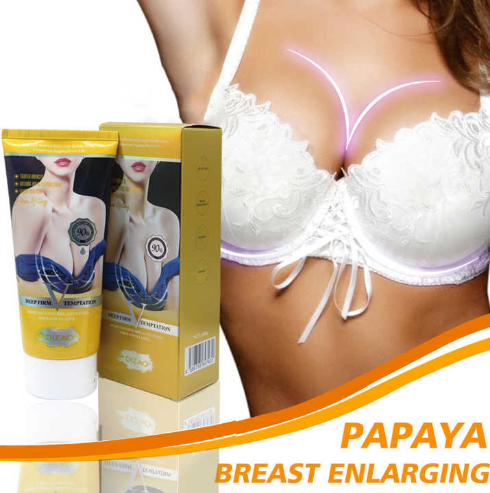 Papaya krema za povećanje grudi. Detaljan prikaz pakovanja tube i kutije proizvoda za uvećanje grudi sa ekstraktom papaje.