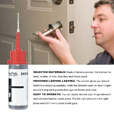 Muškarac koristi gel za podmazivanje brava kako bi popravio mehanizam vrata. Proizvod je napravljen od trajnog praha, bez ulja, pouzdan i jednostavan za korišćenje.