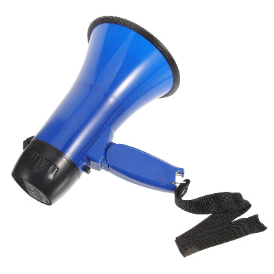 Prikaz prenosnog megafona sa strane sa prakticnom trakom za rame i ergonomskom drskom plavi prenosni zvucnik