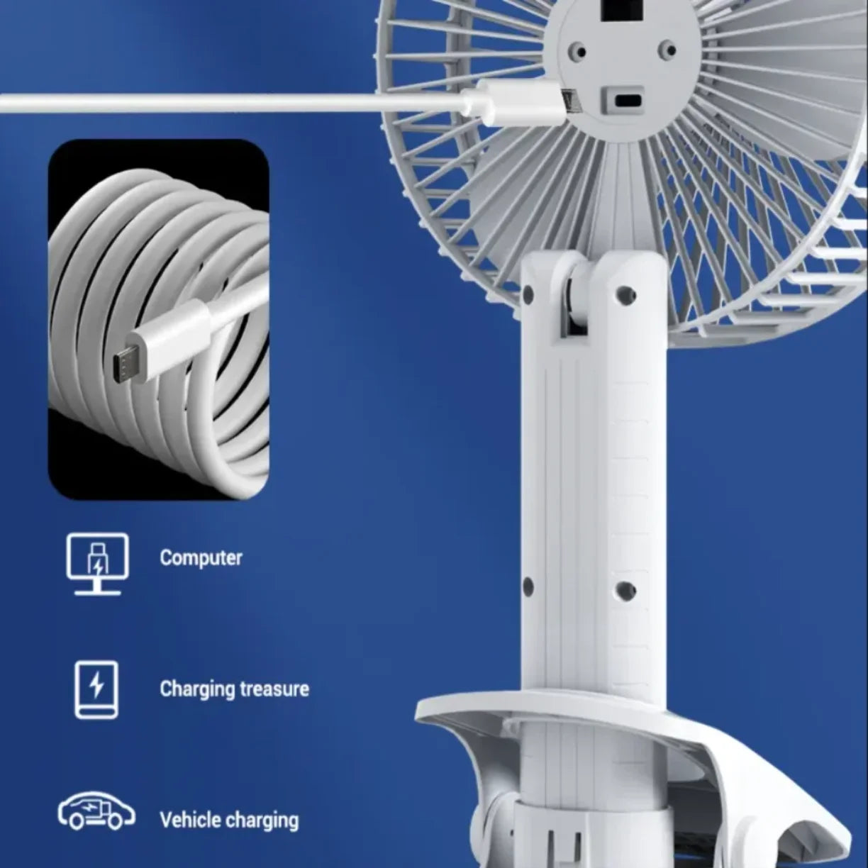 USB punjenje prenosnog ventilatora preko racunara, power banka ili auta