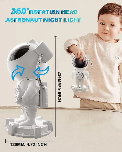 Projektor astronaut zvezdano nebo, prikazane dimenzije uredjaja. Glava projektora se okrece 360 stepeni za razlicite uglove projekcije.