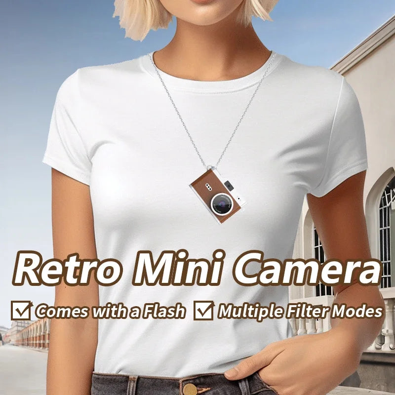 retro mini kamera nosena kao ogrlica sa istaknutim funkcijama blica i filtera