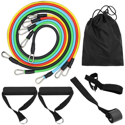 Set elasticnih guma za vezbanje. Trake razlicitog otpora u rolni sa ruckama i torbicom za lako prenosenje.