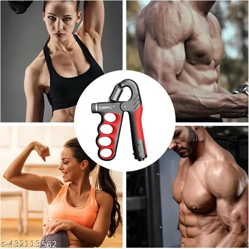 Rucna hvataljka za jacanje misica ruku. Prikaz zena i muskaraca koji koriste hvataljku za vezbanje podlaktica i saka. Fitnes rekvizit.