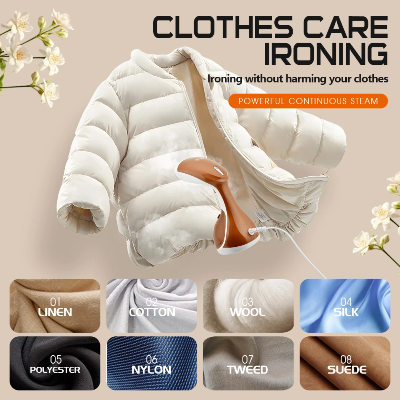 rucni parni usisivac za peglanje odece, prikazan na beloj jakni, pogodan za razlicite materijale poput svile, vune, lana, poliestera i najlona