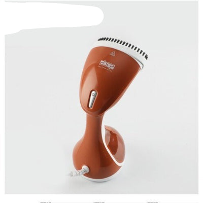 prednji pogled na rucni parni usisivac u braon boji, uredjaj sa kablom za struju, savrsen za vertikalno peglanje