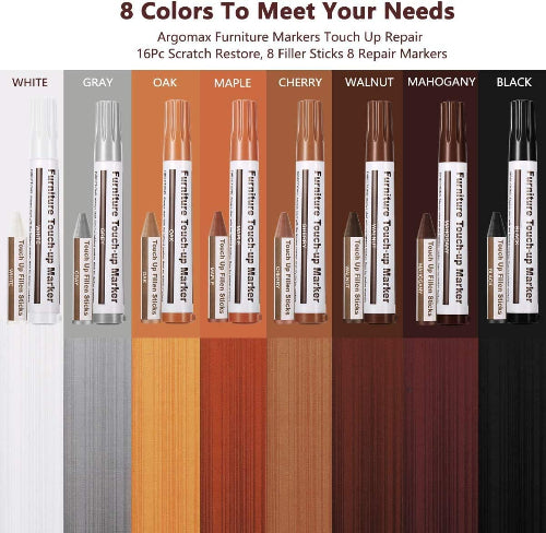 Prikaz kompletnog seta za popravku namestaja sa osam razlicitih boja. U gornjem delu slike nalazi se natpis "8 Colors To Meet Your Needs" (8 Boja Da Zadovolji Vase Potrebe) i "Argomax Furniture Markers Touch Up Repair 16Pc Scratch Restore, 8 Filler Sticks 8 Repair Markers" (Argomax Markeri za Popravku Namestaja, Set za Obnavljanje Ogrebotina od 16 Delova, 8 Voskova za Popunjavanje, 8 Markera za Popravku). Ispod su prikazani setovi za svaku boju: WHITE (bela), GRAY (siva), OAK (hrast), MAPLE (javor), CHERRY