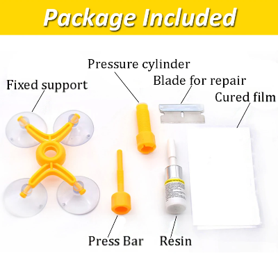 Detaljan opis delova seta za popravku stakla automobila. Prikazuje fiksator, rezac, lepak i foliju za reparaciju stakla.