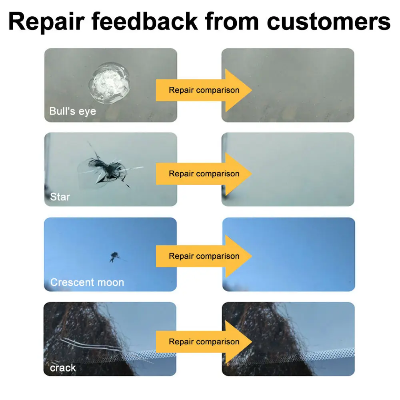 Rezultati popravke vetrobranskog stakla pre i posle primene. Set efikasno uklanja ostecenja poput udarca kamencica ili napuklina.