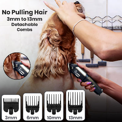 Prikaz trimera za sisanje pasa, bez cupanja dlake. Precizni nastavci, idealno za kucne ljubimce.