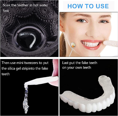 Uputstvo za koriscenje Snap On Smile: potopiti, postaviti silikon, pricvrstiti na zube. Jednostavno do savrsenog osmeha.