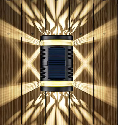 Ugradjena solarna lampa na zidu koja stvara jedinstveni uzorak svetlosti. Efektno resenje za dekoraciju spoljasnjih zidova.