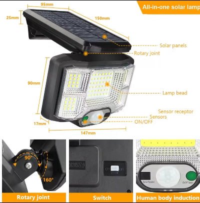 Detaljan opis solarne lampe sa dimenzijama podesivim rotirajucim zglobom i senzorom pokreta