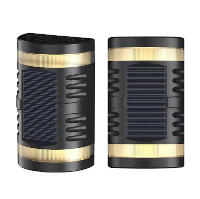Bocni i prednji pogled na kuciste solarne lampe. Prikazuje elegantan dizajn sa teksturom i solarnim panelom.