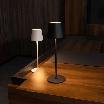 Dve stone lampe jedna crna i jedna bela na drvenoj povrsini u sobi moderan i elegantan par lampi savrsene za spavacu sobu