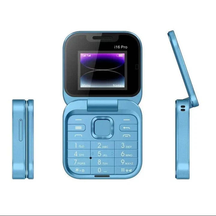Svetloplavi mini preklopni telefon i16 Pro prikazan iz tri ugla: zatvoren sa bocne strane, delimicno otvoren sa prednje strane prikazujuci tastaturu i ekran, i delimicno otvoren sa bocne strane prikazujuci profil.