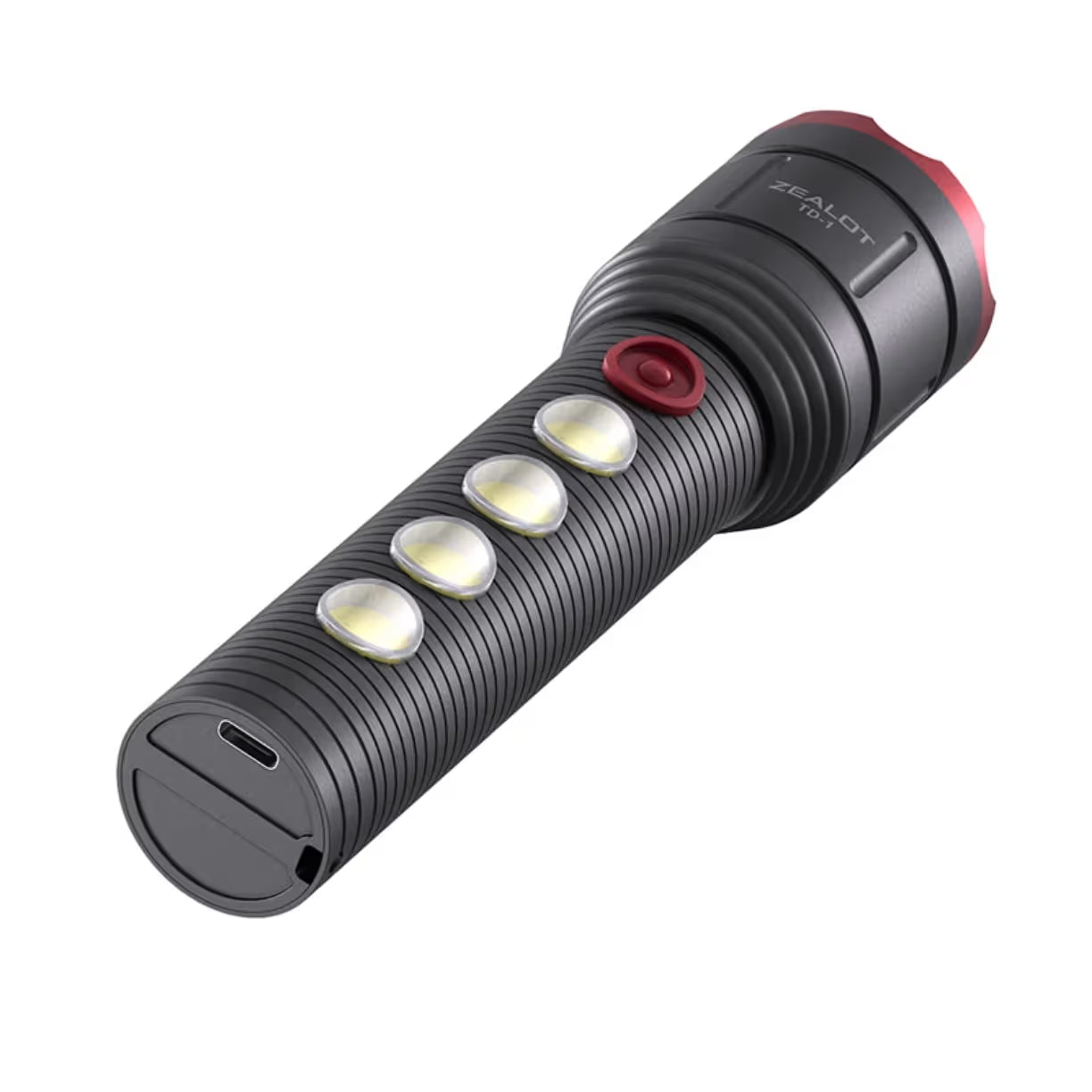 Prikaz donjeg dela rucne lampe koji otkriva ugradjen savremeni prikljuck za punjenje baterije na ravnoj povrsini poledjine