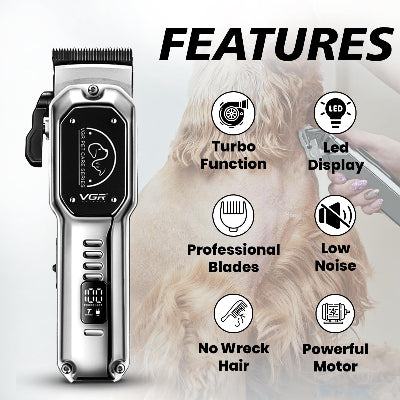 Karakteristike profesionalnog VGR trimera za pse: turbo funkcija, profesionalni nozevi, snazan motor, LED displej i nizak nivo buke.