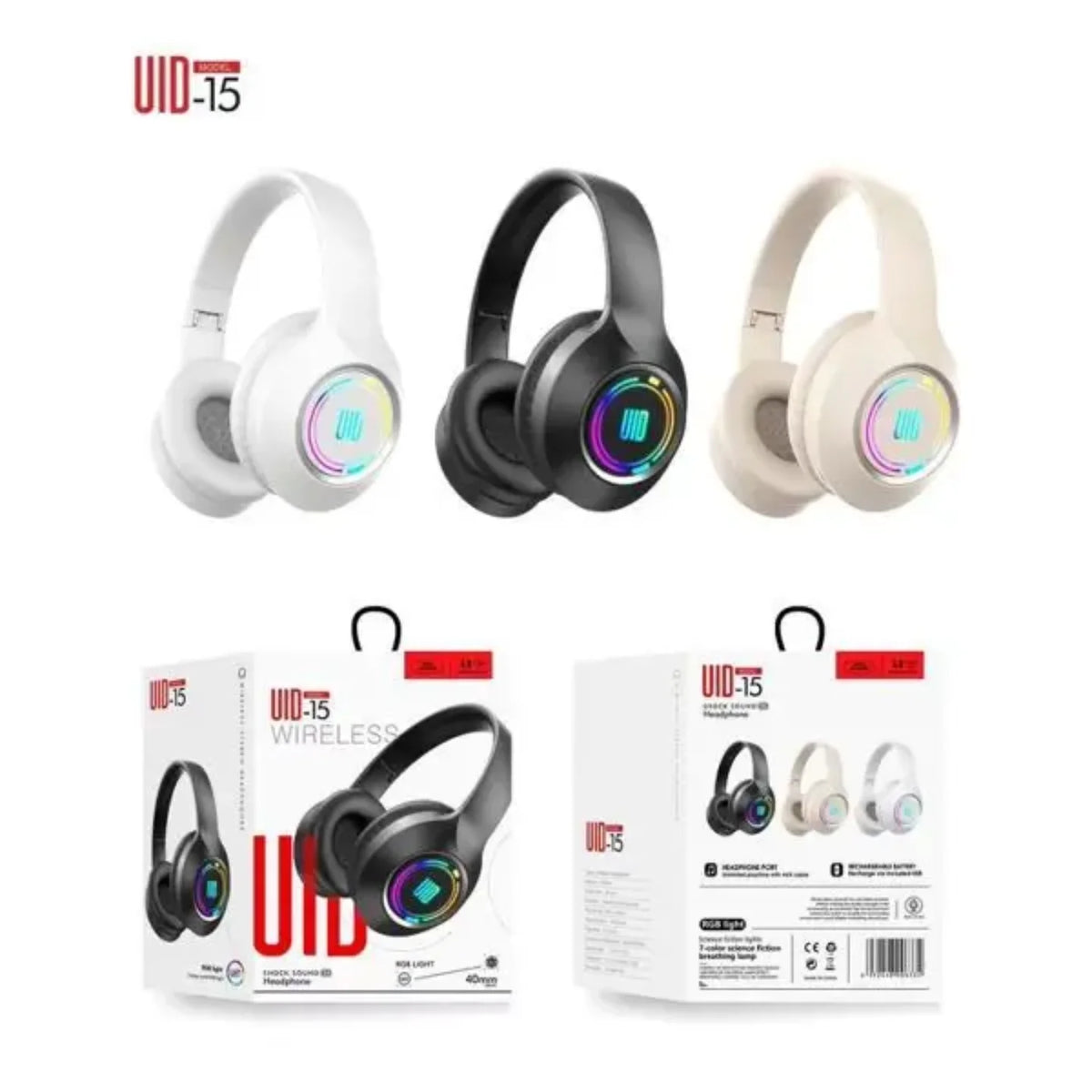 UID-15 bluetooth bezicne slusalice u tri boje sa RGB svetlom i pakovanjem