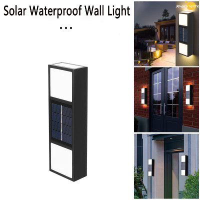 Prikaz vodootporne solarne lampe za spoljasnju upotrebu, montirana na zidu kuce, idealna za ulazna vrata, terase ili dvorista.