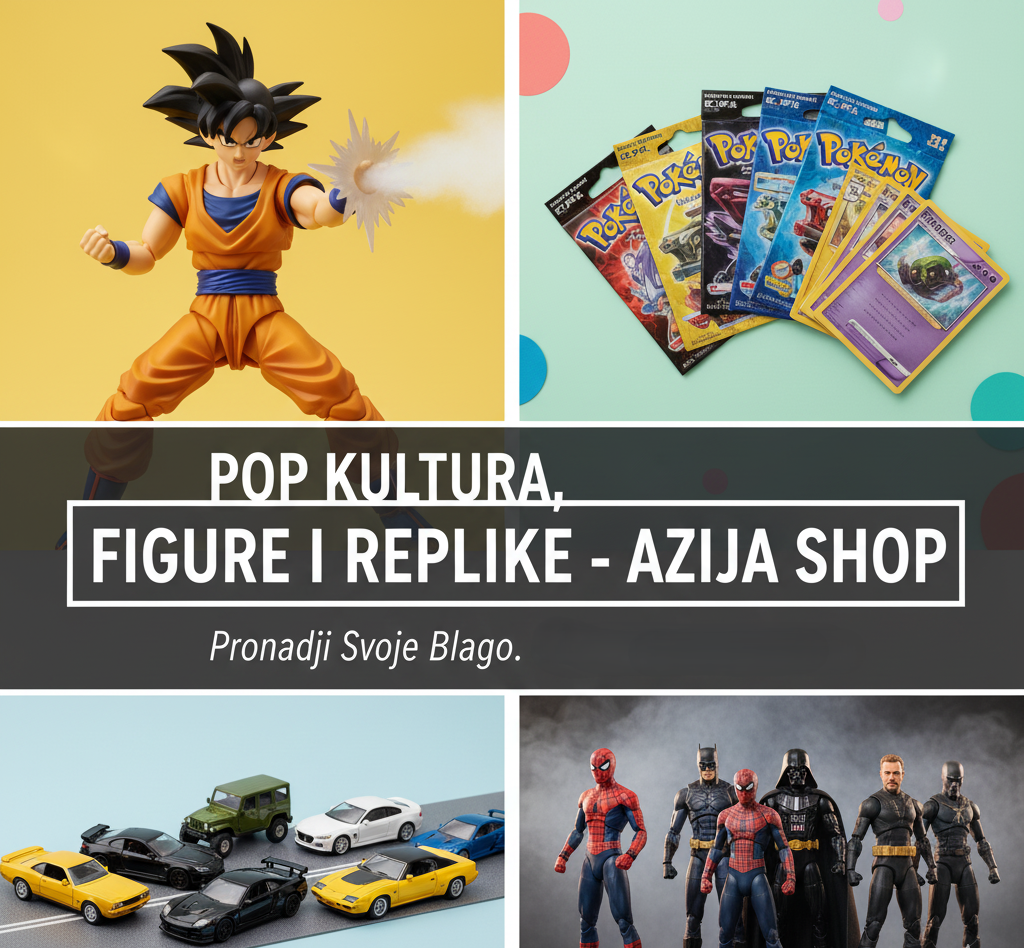 Kolaz kolekcionarskih predmeta. Prikazana Dragon Ball figura, Pokemon karte, replike automobila i figure Spider-Man, Batman i Darth Vader junaka.