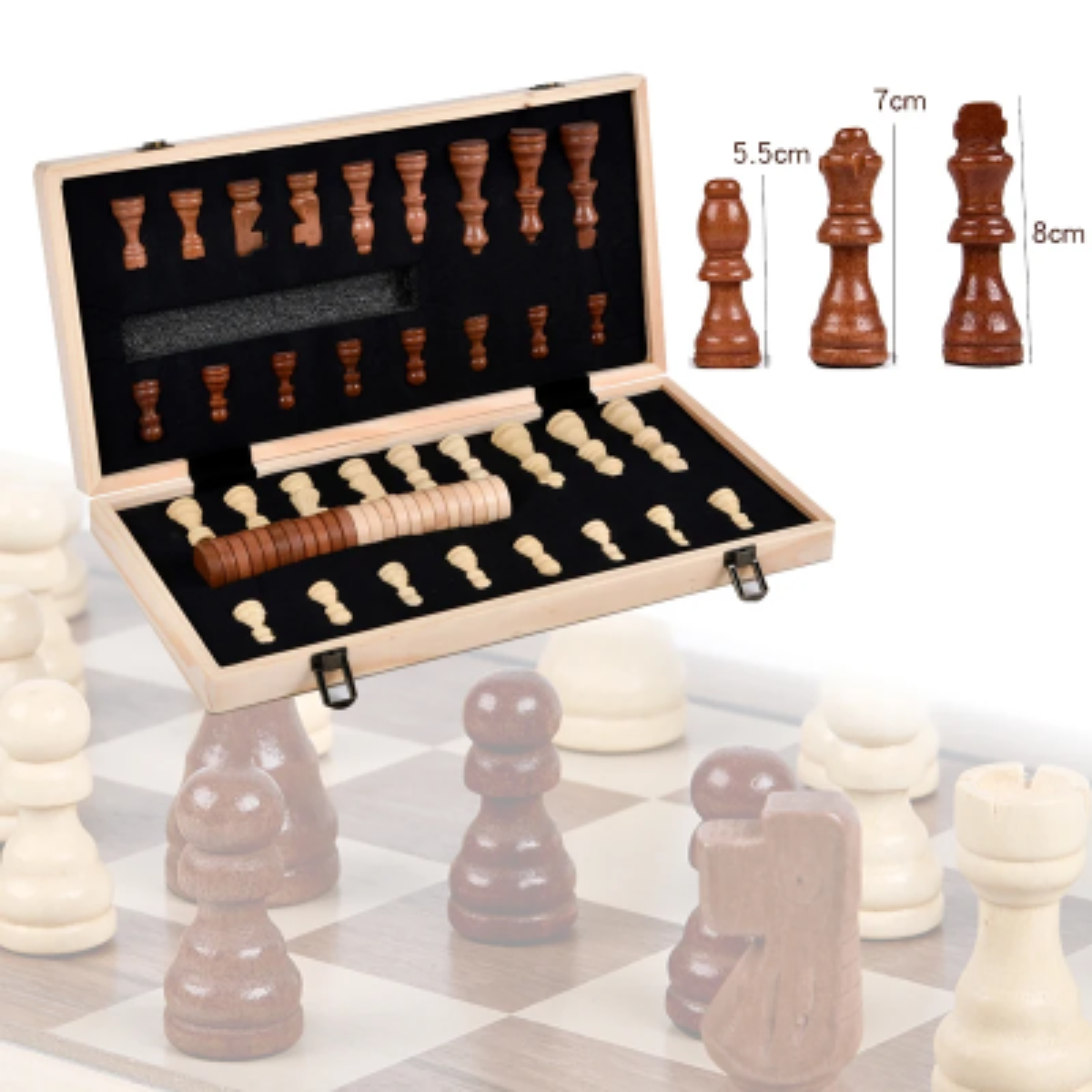 Drveni Sah Set 39cm Sklopivi 2u1 Sa Igracim Figurama