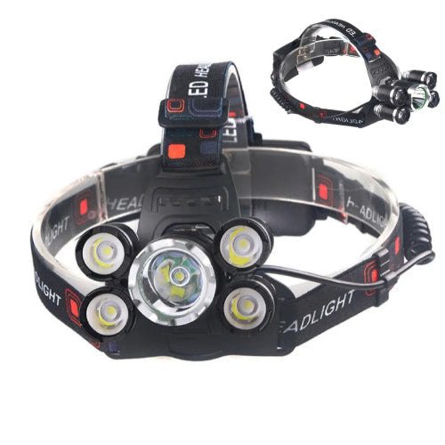 Prikaz-1200-LM-20W mocne naglavne lampe sa pet LED sijalica. Glavna slika prikazuje lampu sa elasticnim trakama za glavu crne boje. U centru se nalazi velika LED sijalica okruzena sa cetiri manje LED sijalice. U gornjem desnom uglu je manji prikaz cele lampe sa trakama sklopljenim.