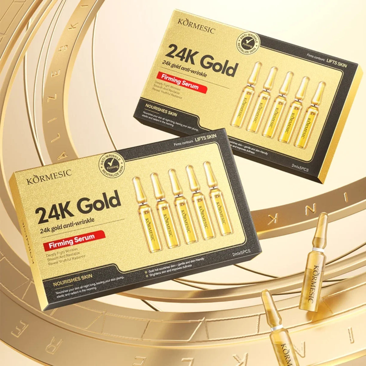 Dve kutije 24K gold seruma sa ampulama na zlatnoj pozadini