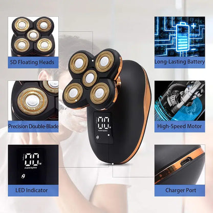 Detaljan prikaz karakteristika 5D elektricnog brijaca: fleksibilne glave, ostra seciva za glatko brijanje, baterija dugog trajanja, snazan motor, LED ekran i ulaz za punjenje.
