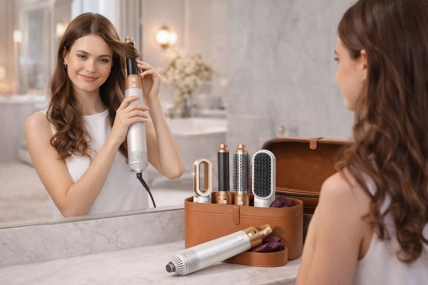 Žena koristi 5u1 air styler za kosu u kupatilu za brzo sušenje, volumen i savršene lokne kod kuće